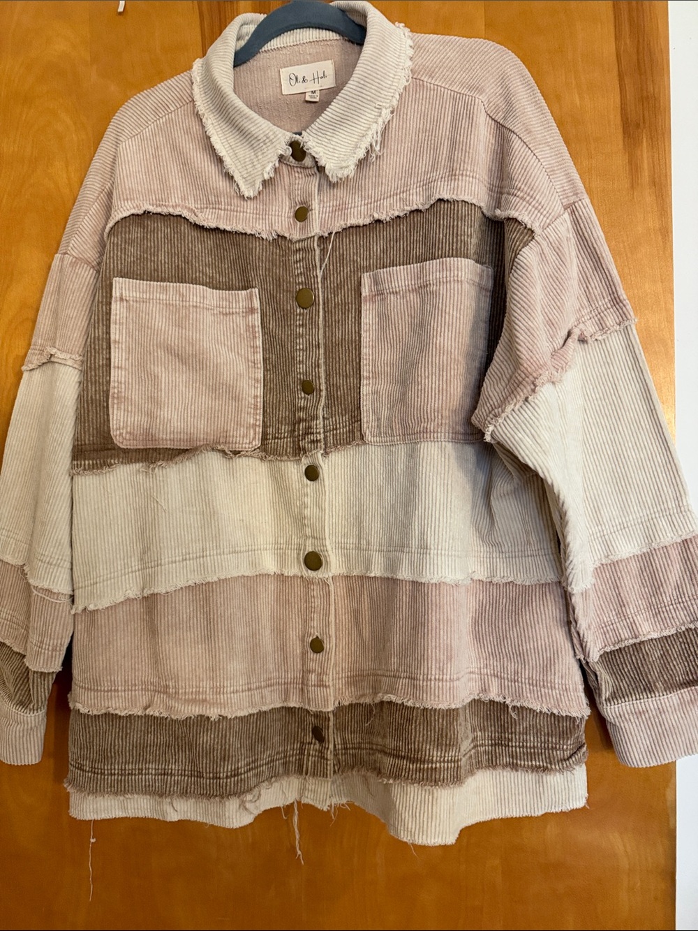 Oli & Hali Patchwork Corduroy Shacket in Blush, Taupe, Cream With Raw Edge Seam